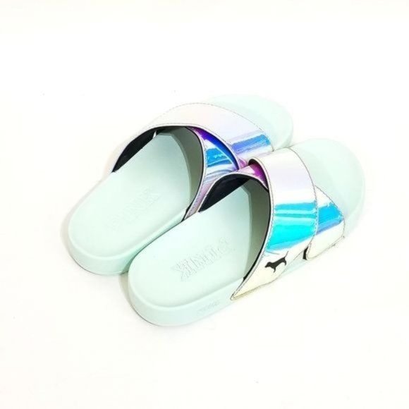 PINK Victorias Secret Iridescent Slides Criss Cross Sandals Size 7 M - Picture 4 of 9